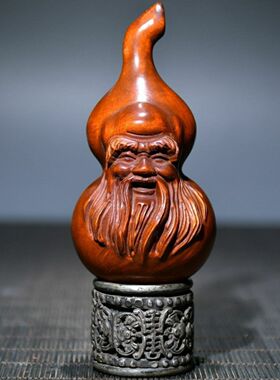 旧藏黄杨木雕刻福禄老寿星葫芦手把件文玩纯实木手把玩件文玩挂件