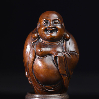黄杨木老货旧藏笑脸大肚弥勒佛手把件文玩实木雕刻中式工艺品挂件