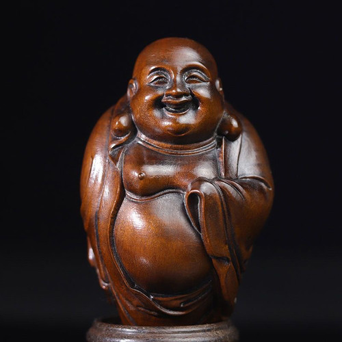 黄杨木老货旧藏笑脸大肚弥勒佛手把件文玩实木雕刻中式工艺品挂件