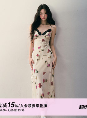 1P STUDIO 米色红玫瑰印花吊带连衣裙女夏季修身收腰蕾丝V领长裙