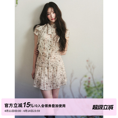 1P STUDIO 米杏色碎花雪纺套装女夏蝴蝶结绑带上衣百褶短裙两件套