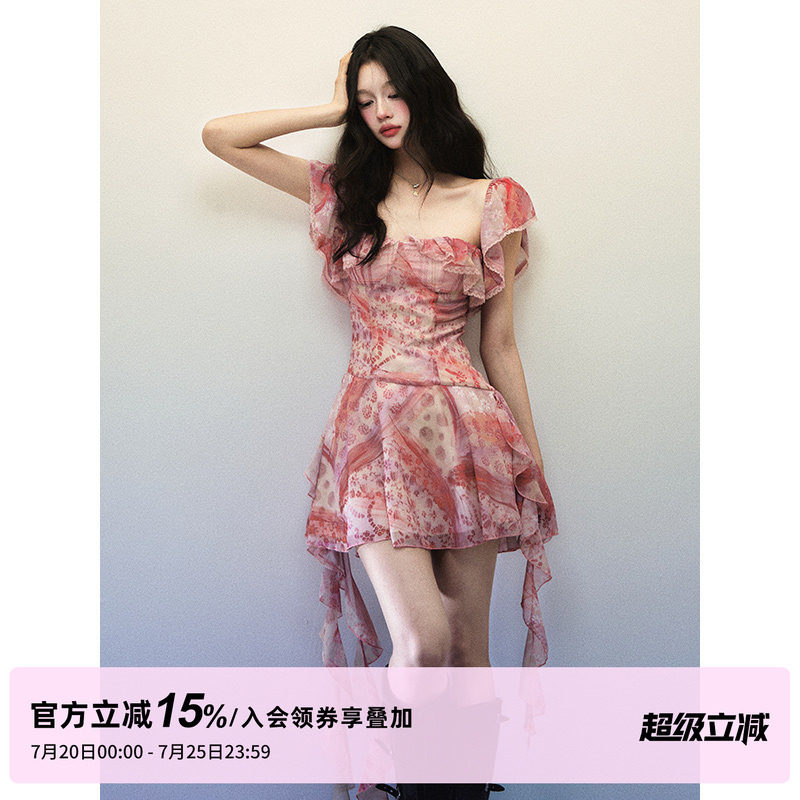 1P STUDIO 粉格碎花拼接方领连衣裙女春夏荷叶边不规则飘带短裙子