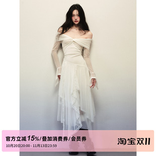 1P STUDIO 白色一字肩喇叭长袖连衣裙女秋装弹力网纱不规则长裙子