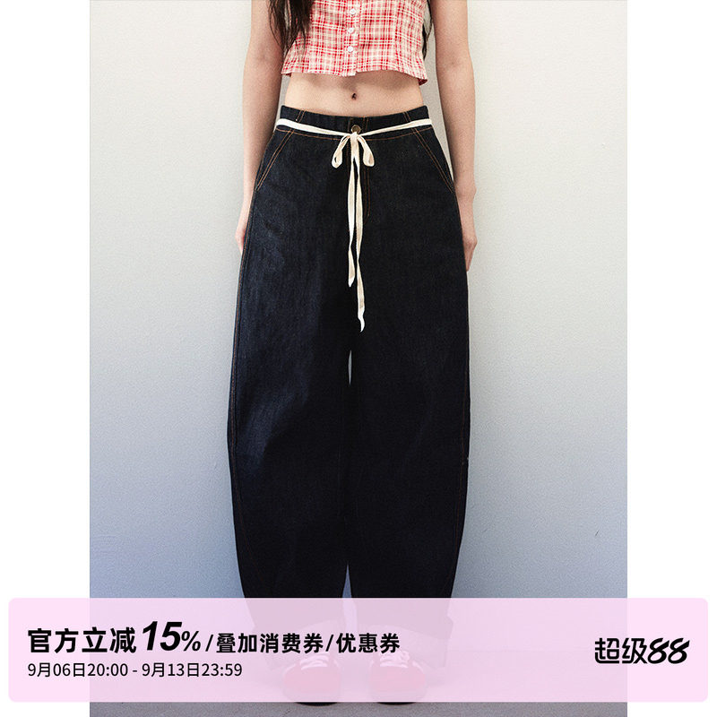1P STUDIO 藏青色宽松挺阔牛仔阔腿裤女秋装系带装饰直筒弯刀裤