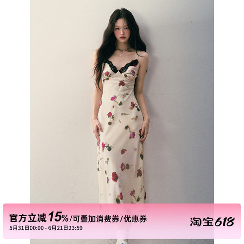 1P STUDIO 米色红玫瑰印花吊带连衣裙女夏季修身收腰蕾丝V领长裙