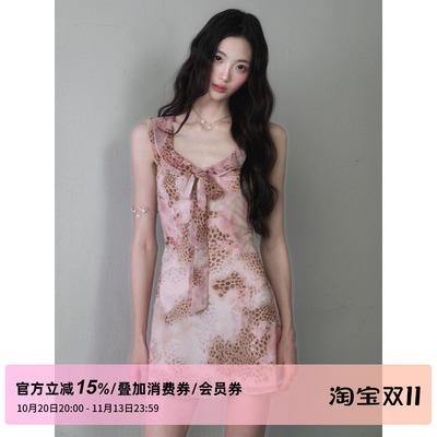 1P STUDIO 晕染豹纹蝴蝶结U领连衣裙女秋装收腰显瘦无袖背心短裙
