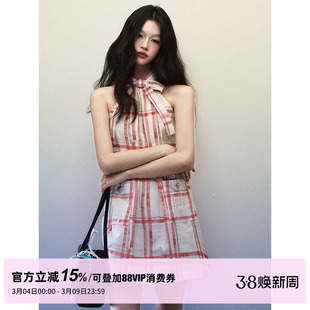 【赵昭仪同款】1P STUDIO 红格纹挂脖连衣裙女蝴蝶结挖肩无袖短裙