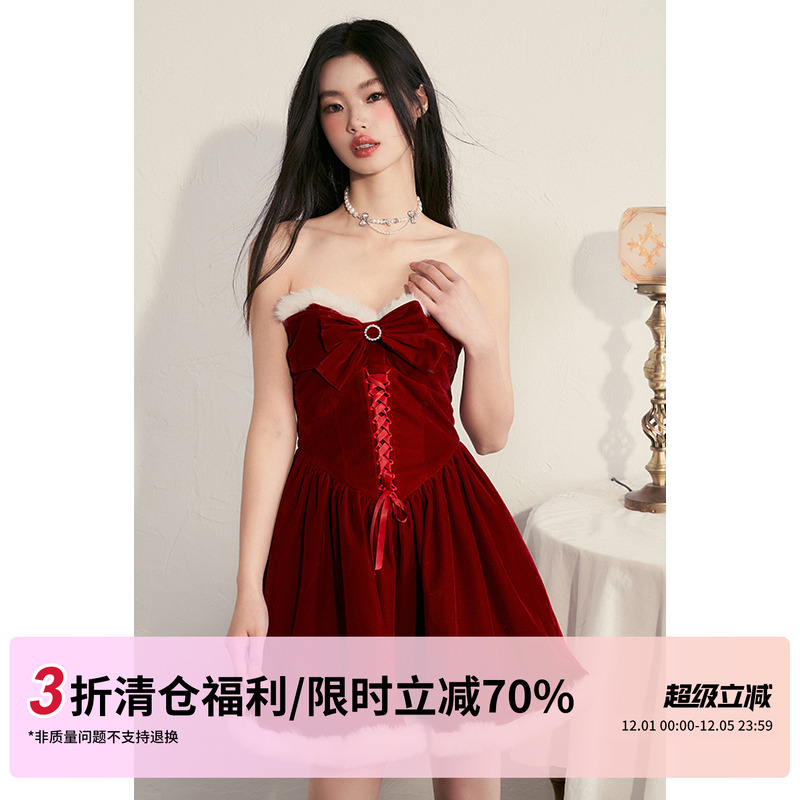 红色丝绒圣诞裙蝴蝶结抹胸连衣裙