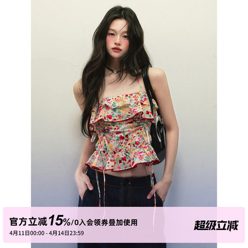 1P STUDIO 热夏红色小碎花背心吊带女春夏荷叶边抽绳短款无袖上衣