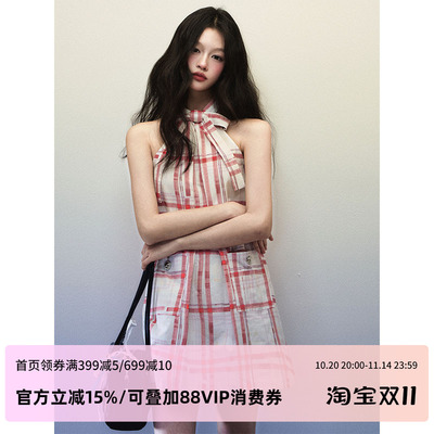 【赵昭仪同款】1P STUDIO 红格纹挂脖连衣裙女蝴蝶结挖肩无袖短裙