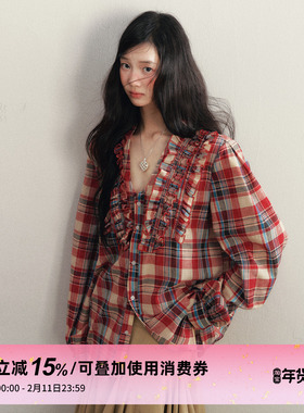 1P STUDIO 红色格纹V领宽松衬衫女秋冬纯棉木耳边设计感长袖衬衣