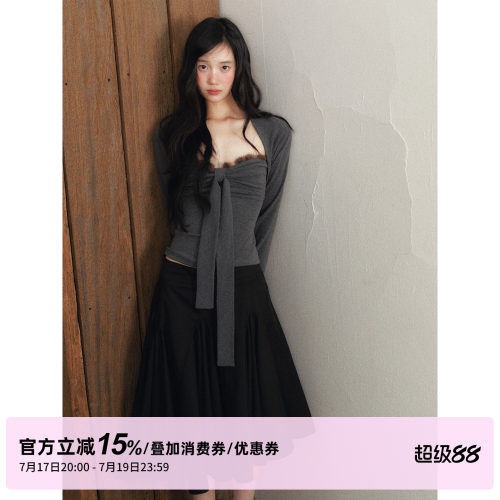 1P STUDIO 深花灰貂毛拼接蝴蝶结抹胸上衣长袖针织坎肩外套两件套