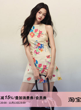 1P STUDIO 艺术手绘彩花背心连衣裙女秋装修身收腰A字无袖短裙子