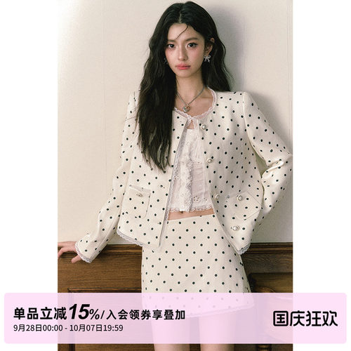 1P STUDIO原创设计 米色波点蕾丝花边正肩短外套包臀半裙两件套装