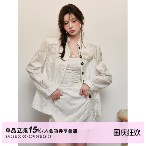 1P STUDIO 白色玫瑰提花新中式套装秋装高级感短外套吊带裙两件套