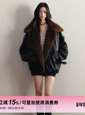 1P STUDIO 黑色亮面卷毛大翻领皮衣外套女冬宽松加厚夹棉pu皮外套