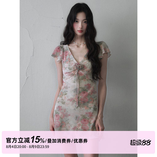1P STUDIO 温柔花卉印花V领连衣裙女夏季立体花朵小飞袖收腰短裙