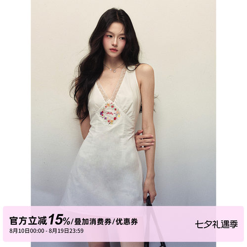 1P STUDIO 花卉刺绣蕾丝花边V领连衣裙女夏季收腰修身A字无袖短裙