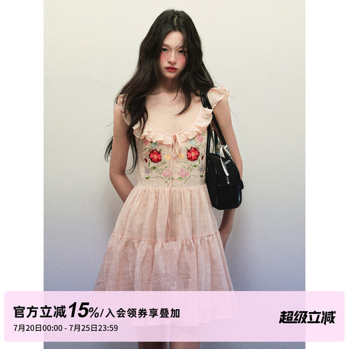 1P STUDIO 纯棉花朵刺绣小飞袖连衣裙女夏季抽绳系带荷叶V领短裙