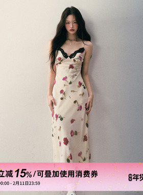 1P STUDIO 米色红玫瑰印花吊带连衣裙女秋冬修身收腰蕾丝V领长裙