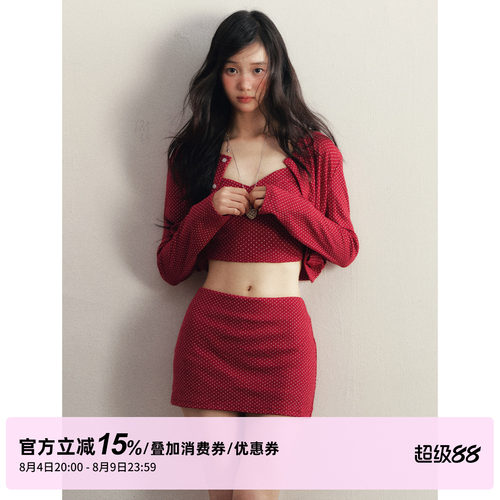 1P STUDIO 红色波点修身针织套装女春夏季短款开衫吊带短裙三件套