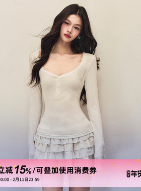 1P STUDIO 蕾丝花边亨利领内搭打底衫女春季弹力修身长袖T恤上衣