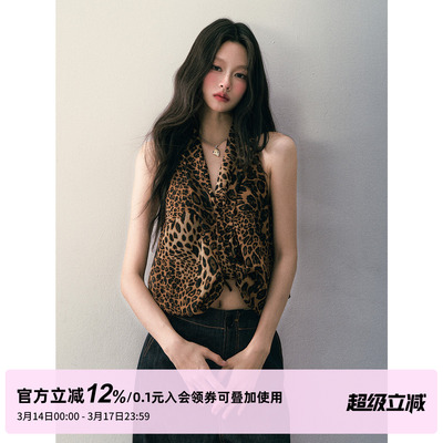 1P STUDIO 热辣豹纹印花V领挂脖上衣女春夏不规则纽结设计露背心