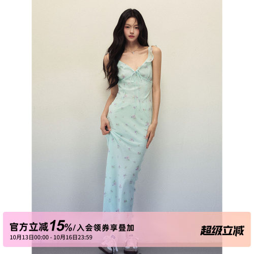 1P STUDIO 薄荷绿印花荷叶边V领连衣裙女秋修身显瘦无袖吊带长裙