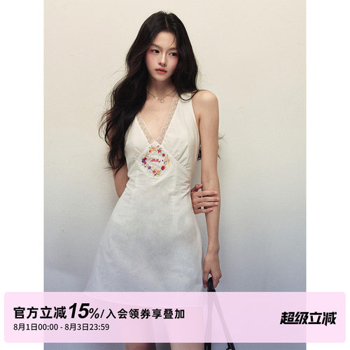 1P STUDIO 花卉刺绣蕾丝花边V领连衣裙女夏季收腰修身A字无袖短裙