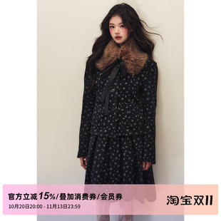 1P STUDIO 黑色碎花华夫格覆绒外套中长款工字褶半身裙两件套装女