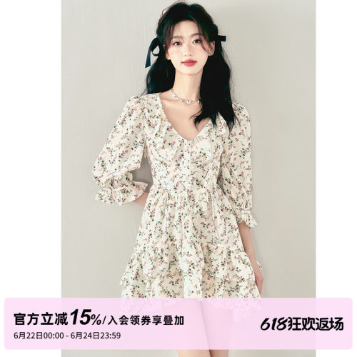 夏日感碎花绑带连衣裙