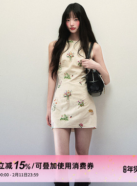 1P STUDIO 亚麻法式花朵刺绣挂脖连衣裙女秋冬收腰露背挖肩无袖裙