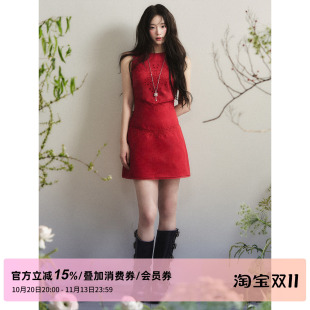 1P STUDIO 镂空绣花拼接无袖连衣裙女秋装修身收腰花边短裙背心裙