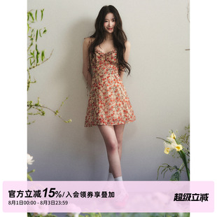1P STUDIO 橙红色花朵小碎花吊带连衣裙女夏季荷叶边V领收腰短裙