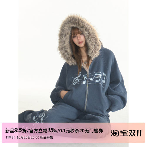 1P STUDIO【10/20 20:00】音符印花毛领连帽卫衣外套宽松卫裤套装