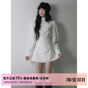 1P STUDIO 纯棉镂空绣花泡泡袖连衣裙女秋季蕾丝拼接收腰A字短裙