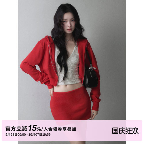 1P STUDIO 正红色短款连帽拉链卫衣外套低腰半身包臀短裙两件套装