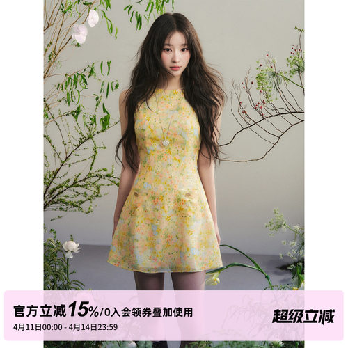 1P STUDIO 明黄色晕染碎花无袖连衣裙女夏季圆领收腰天丝麻背心裙