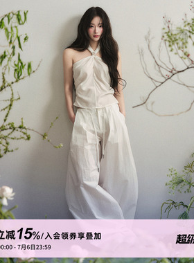 1P STUDIO 白色天丝纽结挂脖上衣休闲棉麻阔腿长裤两件套装女夏季
