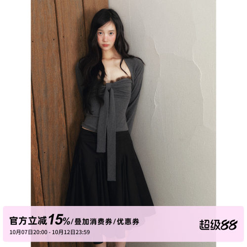 1P STUDIO 深花灰貂毛拼接蝴蝶结抹胸上衣长袖针织坎肩外套两件套