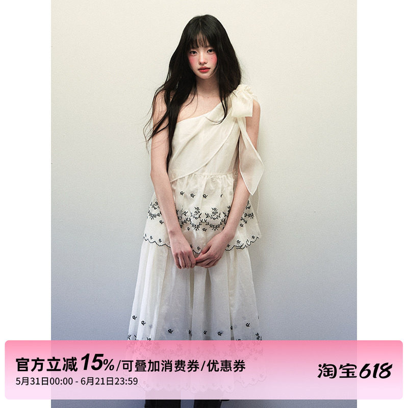 1P STUDIO 天丝刺绣斜肩绑带背心上衣女夏季宽松收褶半身裙两件套