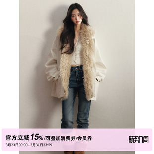 1P STUDIO 白色可拆卸毛领宽松棉服女冬季廓形中长款保暖夹棉外套