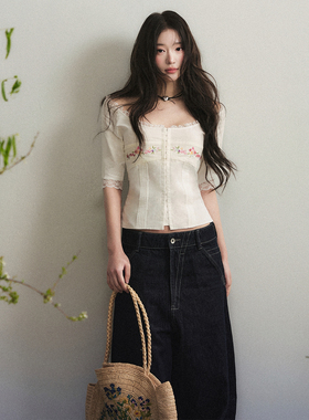 1P STUDIO 米白色纯棉绣花方领衬衫女夏季季收腰花边短款中袖上衣