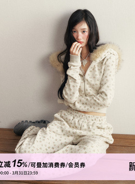 1P STUDIO 碎花短款毛领连帽加绒卫衣外套休闲松紧腰卫裤两件套装