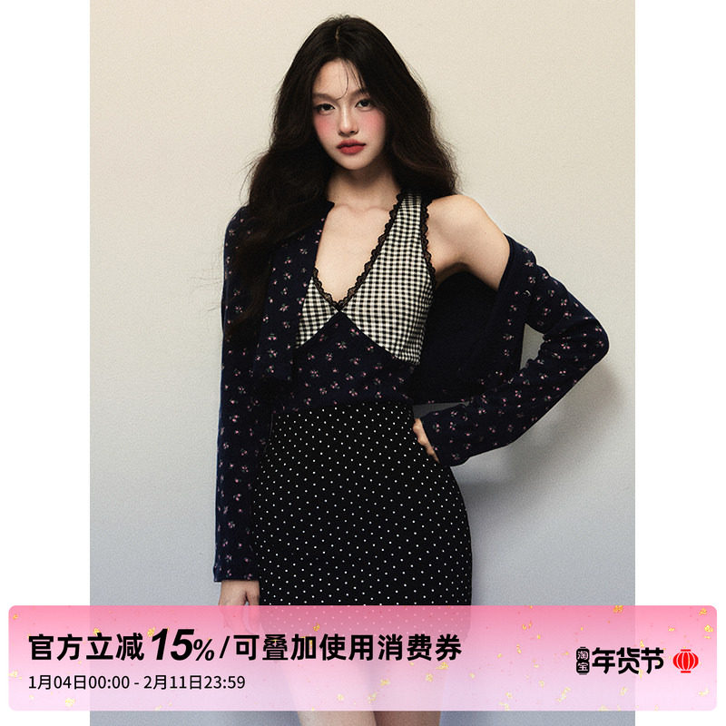 1P STUDIO 碎花短款针织开衫+格子拼接波点背心裙两件套装女秋冬,女装/女士精品,时尚套装,淘宝优惠券,粉丝福利购,淘宝优惠卷