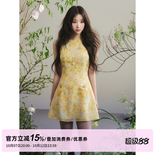 1P STUDIO 明黄色晕染碎花无袖连衣裙女秋装圆领收腰天丝麻背心裙
