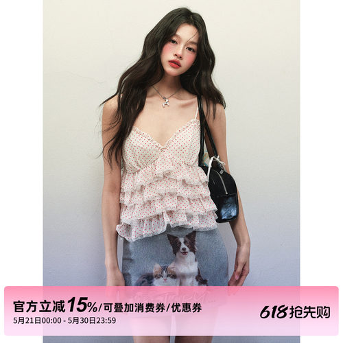 1P STUDIO 波点雪纺V领木耳边吊带上衣猫狗印花包臀半裙两件套装