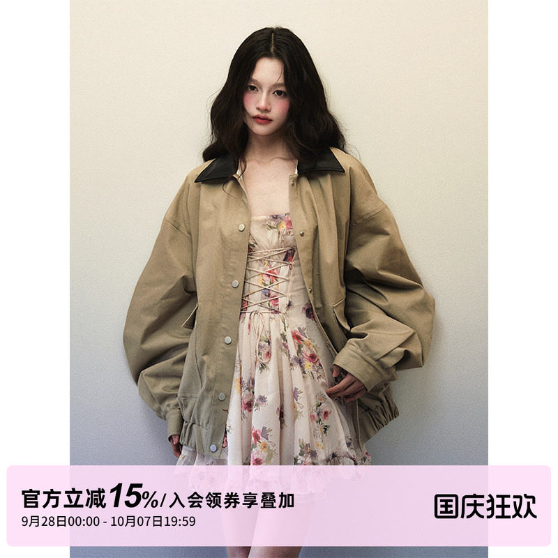 1P STUDIO 卡其绿撞黑色翻领宽松夹克外套女秋装大版型廓形短外套