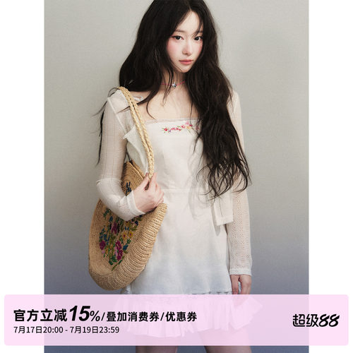 1P STUDIO 蕾丝绣花一字领吊带连衣裙短款针织开衫两件套装女春夏