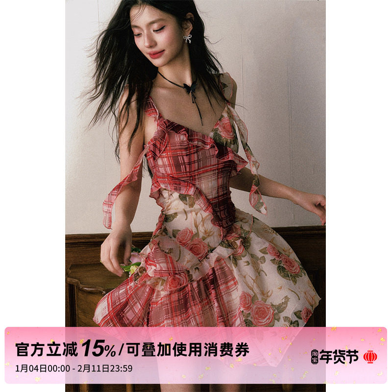 孟子义同款 1P STUDIO红格纹拼接玫瑰碎花连衣裙飘带荷叶边吊带裙,女装/女士精品,连衣裙,淘宝优惠券,粉丝福利购,淘宝优惠卷